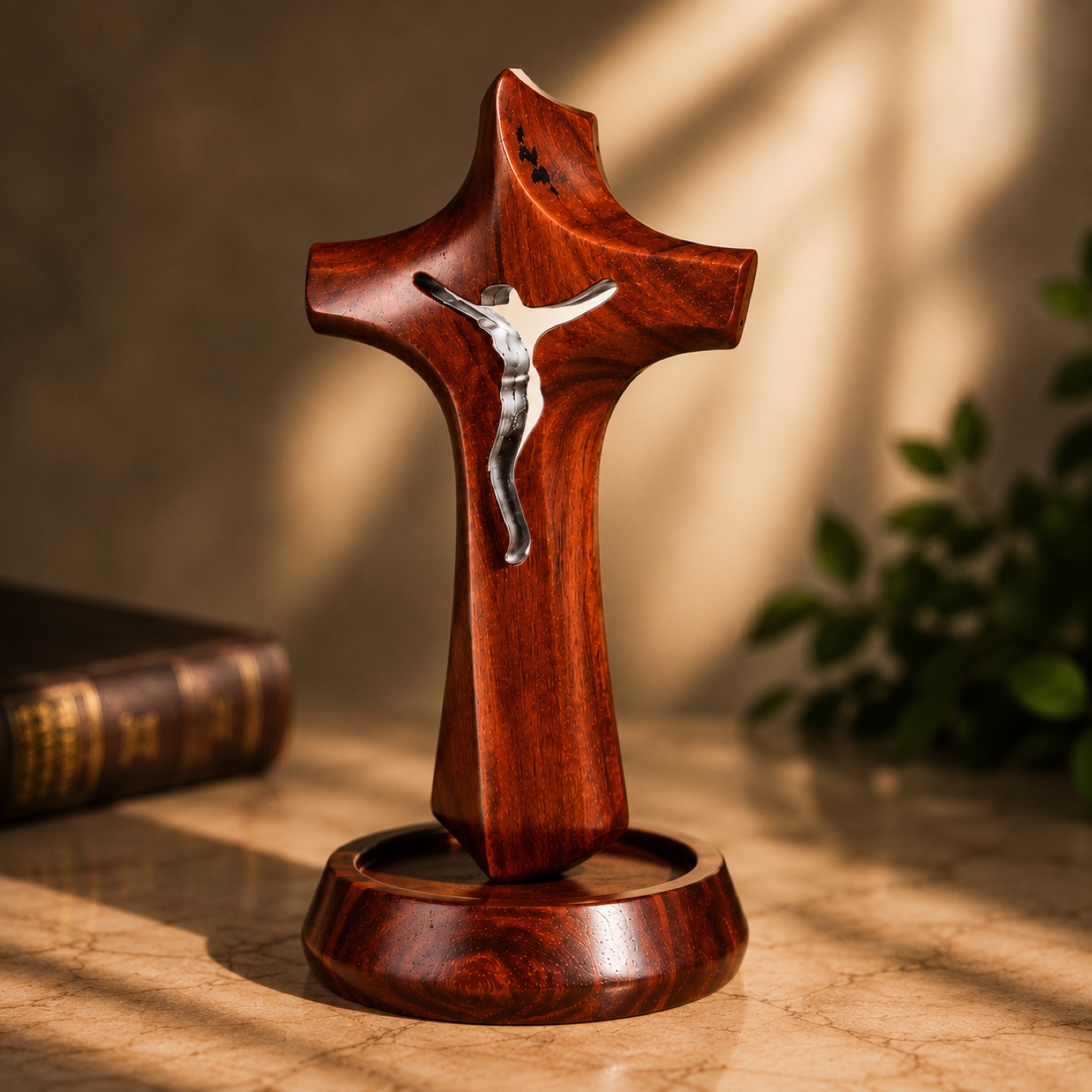 Handcarved wooden crucifix with silver Christ figure