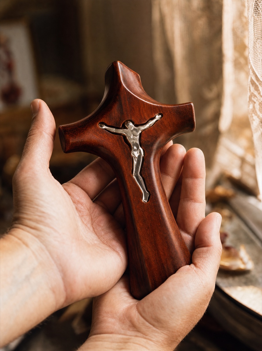 Customer holding the crucifix